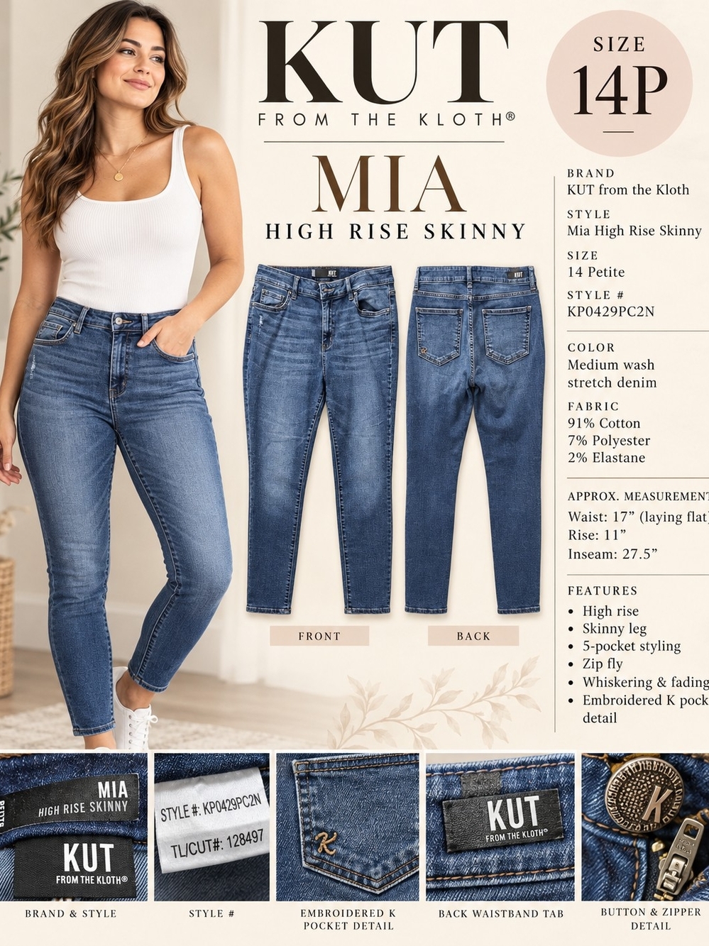 KUT From The Kloth Mia High Rise Skinny Jeans 14P Petite Medium Wash
